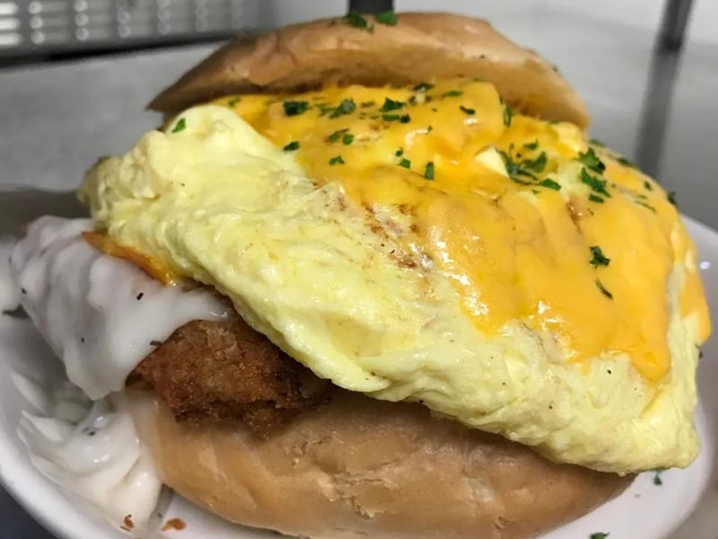 A loaded breakfast sandwich at Asiagos Skillet in Fort Walton Beach, Florida