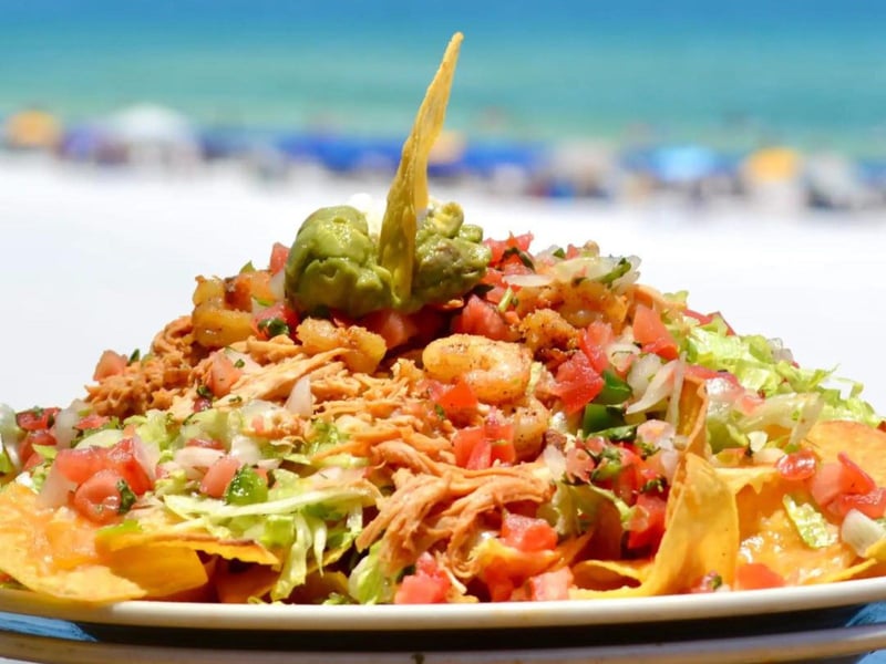 The Rockin Nachos with grilled chicken and bay shrimp