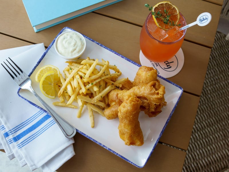Fish and Chips with a cocktail at The Remedy