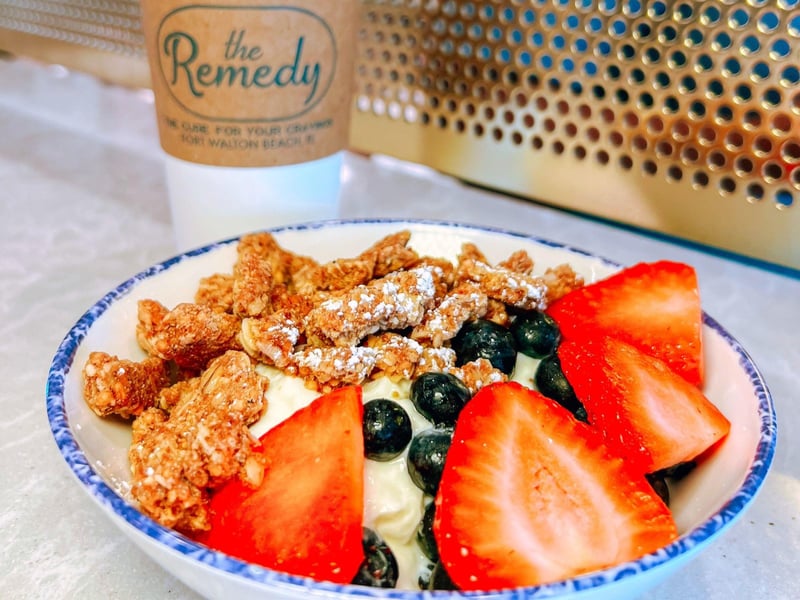 A yogurt parfait and coffee at They Remedy in Fort Walton Beach, Florida