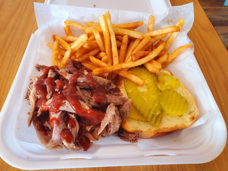 The BBQ pulled pork sandwich from Apalachicola Seafood Grill in Apalachicola, Florida