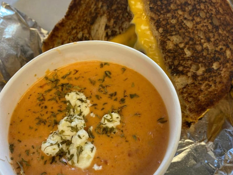 Tomato bisque with a grilled cheese