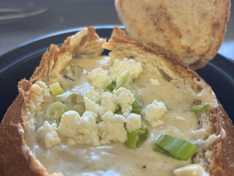 Soup in a bread bowl at Tamaras On the Go in Apalachicola, Florida