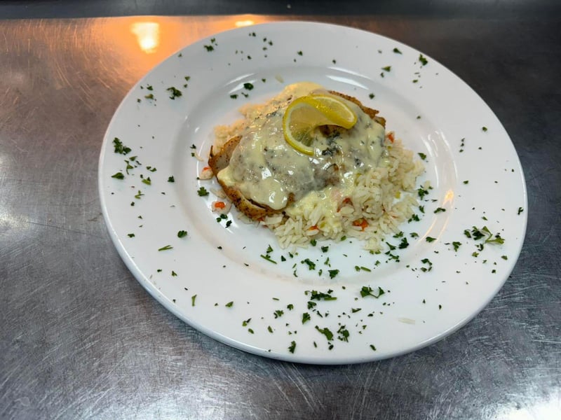 Blackened tripletail over basmati rice