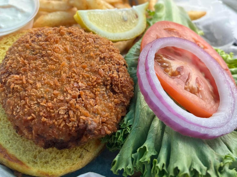 The fried crab cake sandwich at Half Shell Dockside