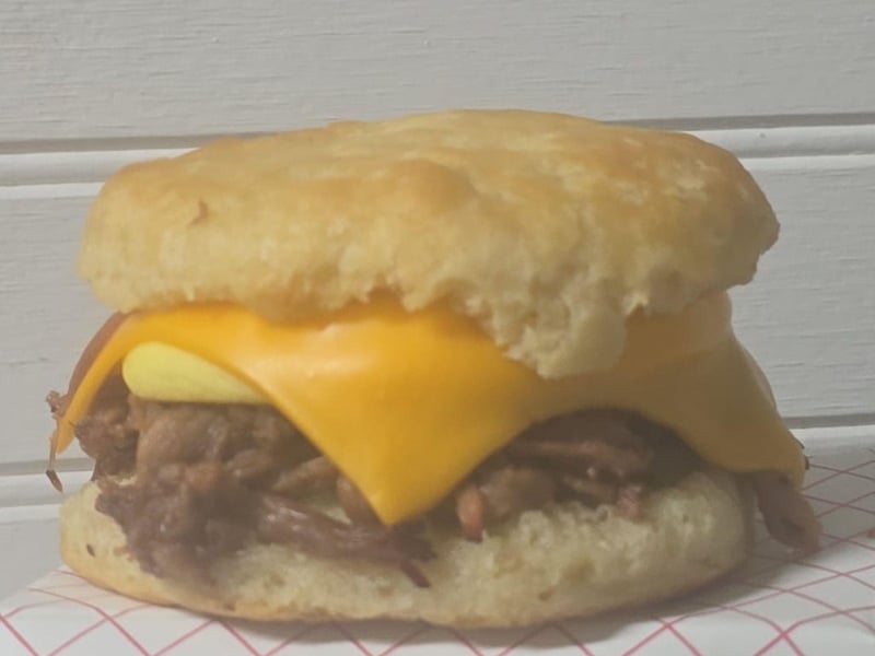 The brisket biscuit sandwich at The Biscuit Factory in Apalachicola, Florida
