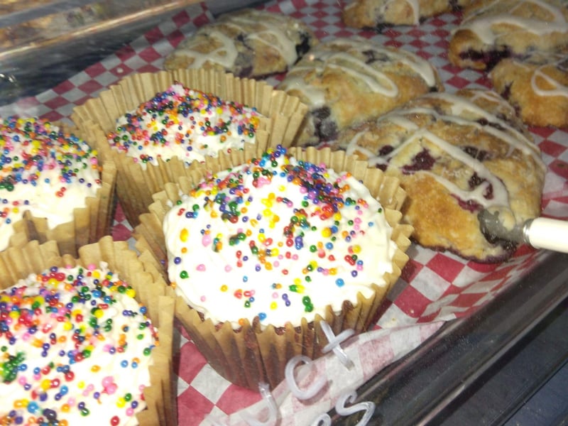 A case of cupckaes at The Biscuit Factory in Apalachicola, Florida