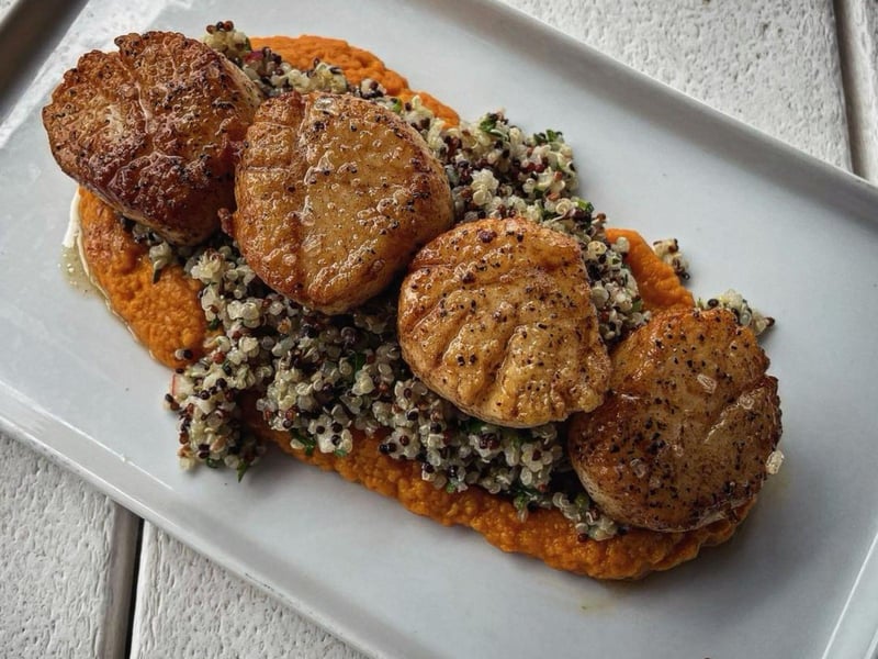 Pan seared scallops with quinoa apple salad and sweet potatoes puree