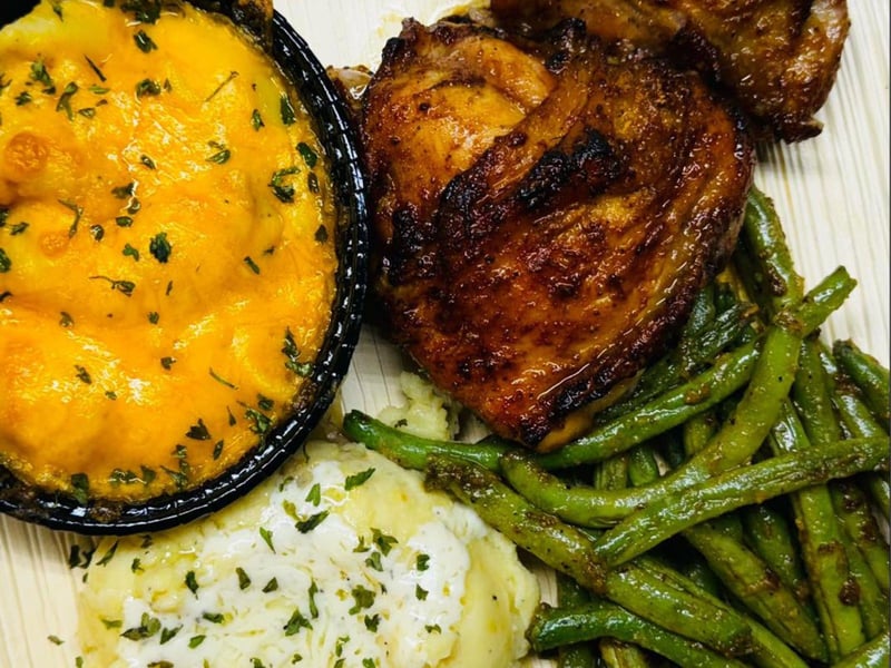 Baked chicken with mac n cheese and more