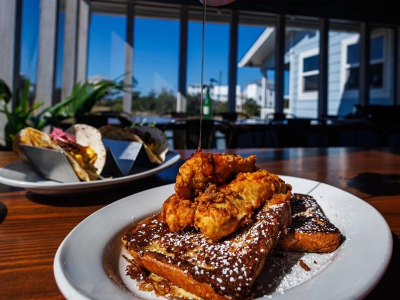 Chicken and French toast with breakfast tacos at LongBills