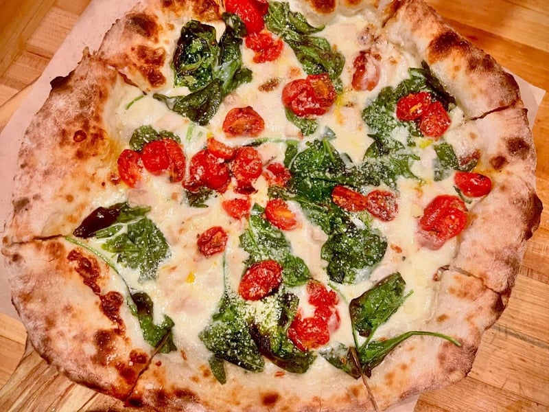 The Chicken Alfredo pizza at Joe Mamas Wood Fired Pizza