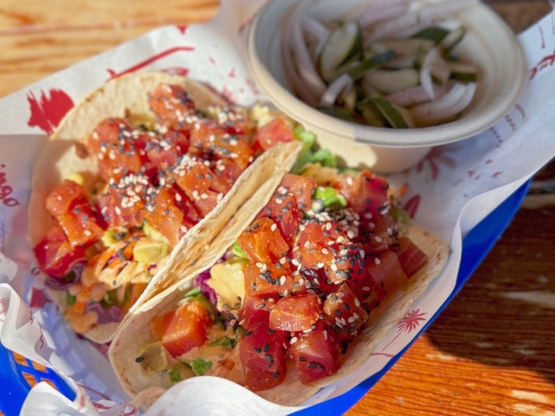 Ahi tuna tacos with fresh vegetables