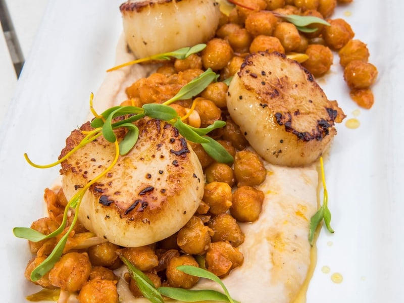 Seared sea scallops with farro fried rice