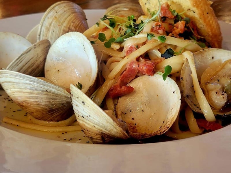 Clams on linguini with sundried tomato primavera