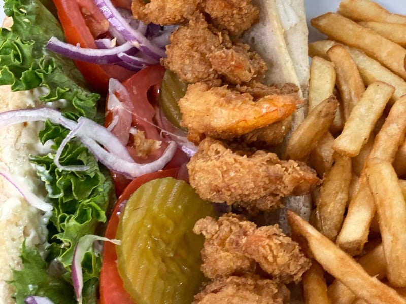 A fried shrimp sandwich at Goatfeathers