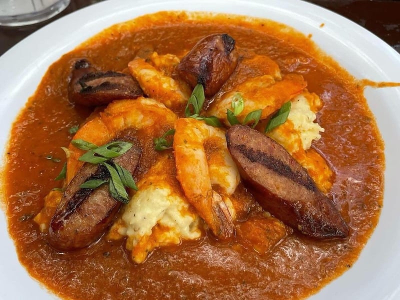 Gouda cheese shrimp and grits with andouille sausage
