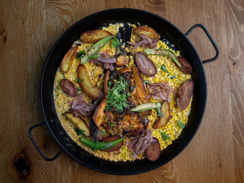 Flounder with charred local corn and baby potatoes