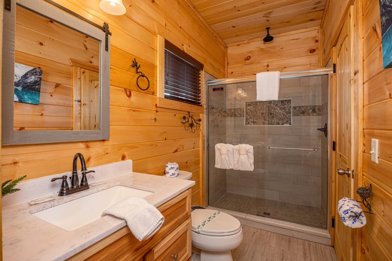 Bathroom with shower at Mountain Pool  Paradise, a 3 bedroom cabin rental located in Pigeon Forge