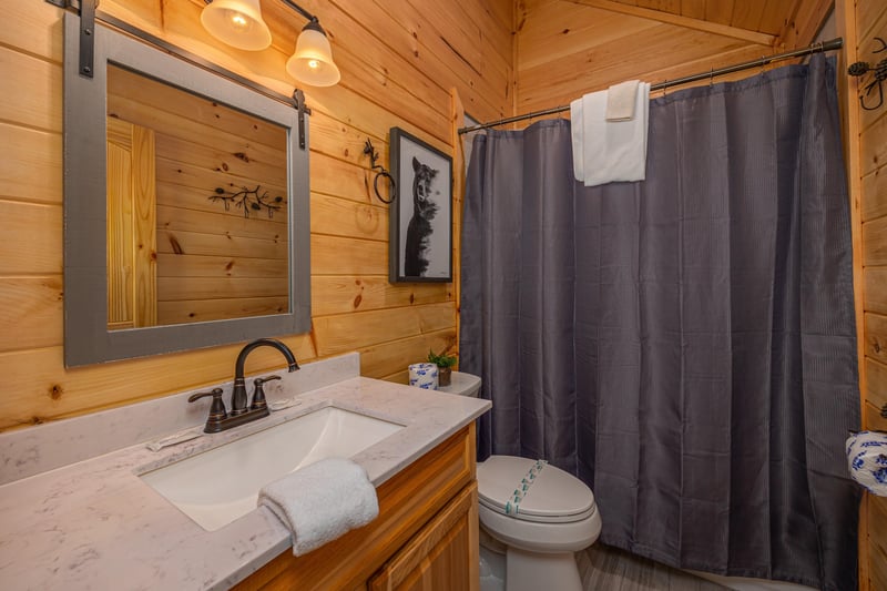 Bathroom with shower at Mountain Pool  Paradise, a 3 bedroom cabin rental located in Pigeon Forge