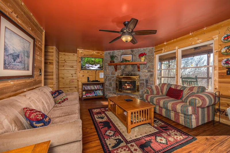 Livingroom with Flat Screen TV and Fireplace at Mountain Moonshine