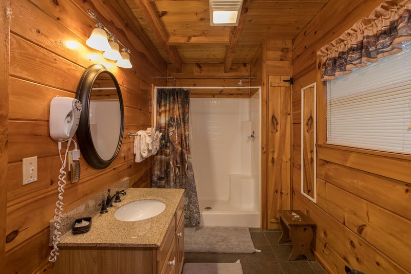 bathroom with walk in shower at always  forever a 1 bedroom cabin rental located in pigeon forge