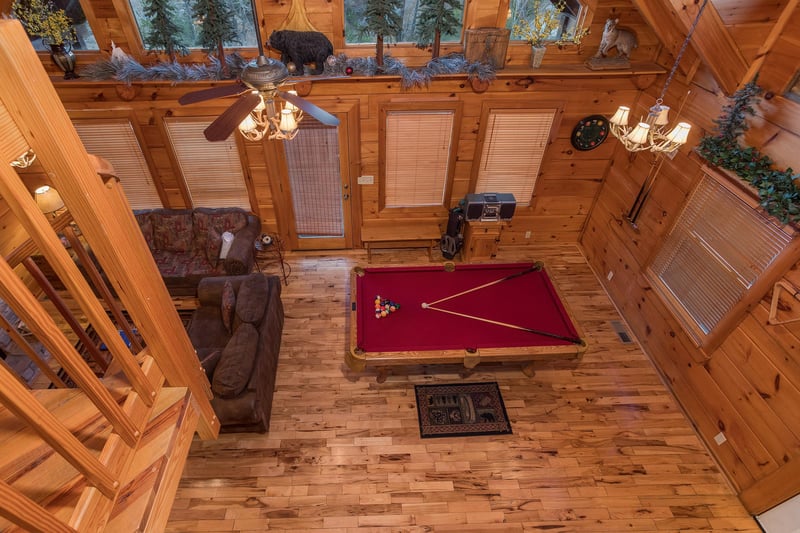 overhead view of the pool table at always  forever a 1 bedroom cabin rental located in pigeon forge