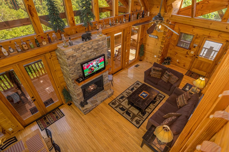 Ariel view of livingroom at Moonbeams  Cabin Dreams, a 3 bedroom cabin rental located in Pigeon Forge