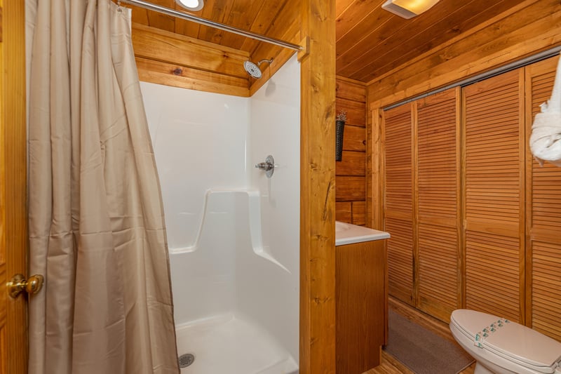 Bathroom with a large shower at Walkin To Gatlinburg, a 2 bedroom cabin rental located in Gatlinburg