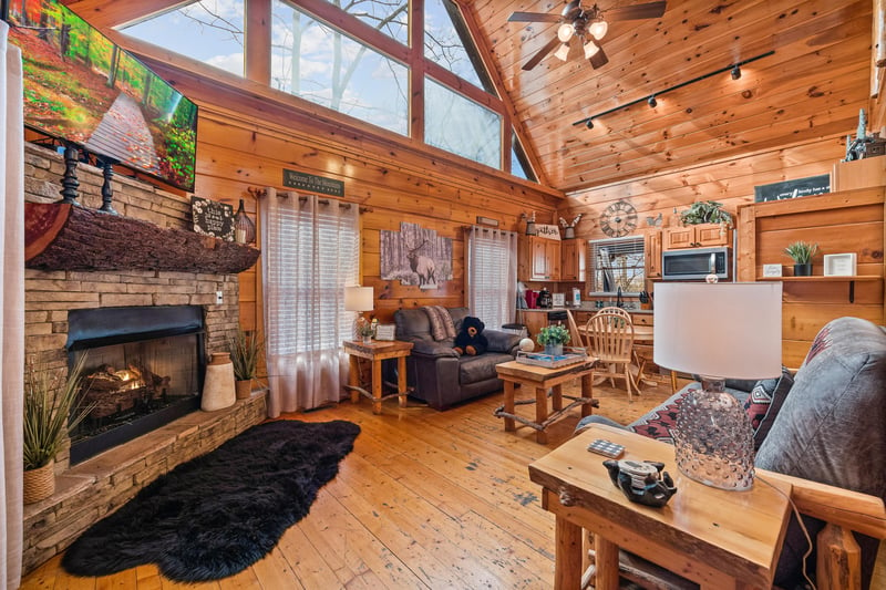 TV and fireplace in the living room at Honey Bear Haven, a 1 bedroom cabin rental located in Pigeon Forge