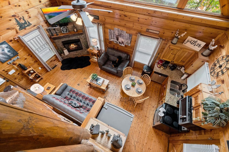 Looking down at the main floor at Honey Bear Haven, a 1 bedroom cabin rental located in Pigeon Forge