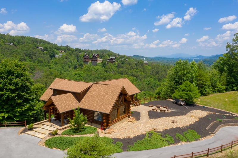 Looking down at the cabin from a drone at Gods Country, a 4 bedroom cabin rental located in Pigeon Forge