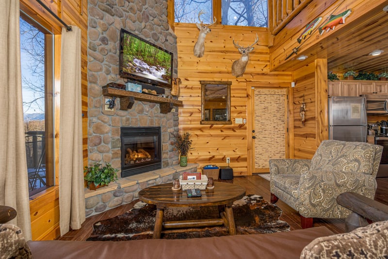 Vaulted ceilings in living room at Gone To Therapy, a 2 bedroom cabin rental located in Gatlinburg