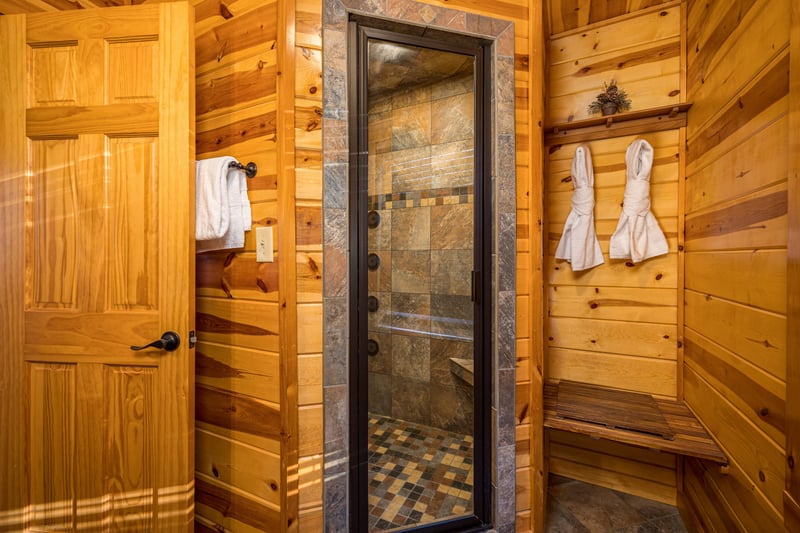 Walkin shower at Gone To Therapy, a 2 bedroom cabin rental located in Gatlinburg