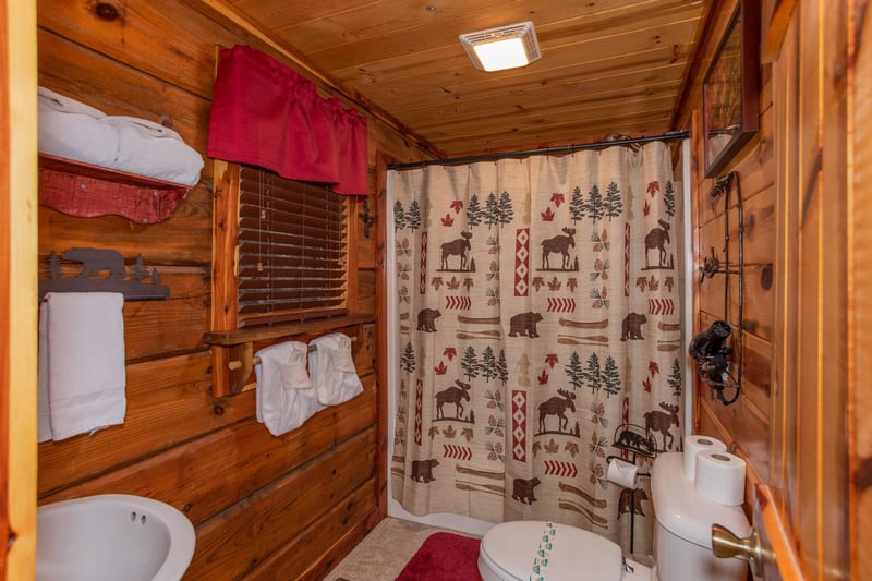 Bathroom with a tub and shower at Moonshiners Ridge, a 1bedroom cabin rental located in Pigeon Forge