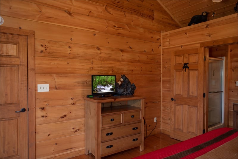 Bedroom with a dresser and television at Cedar Creeks, a 2bedroom cabin rental located near Douglas Lake