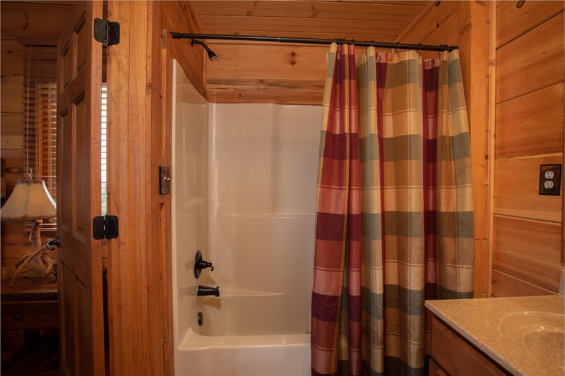 Bathroom with a tub and shower at Cedar Creeks, a 2bedroom cabin rental located near Douglas Lake