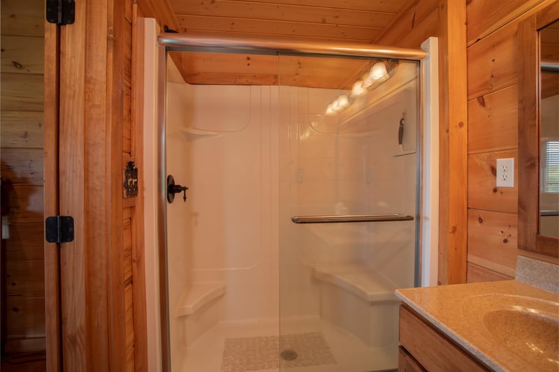 Bathroom with a walkin shower with glass doors and built in seating at Cedar Creeks, a 2bedroom cabin rental located near Douglas Lake