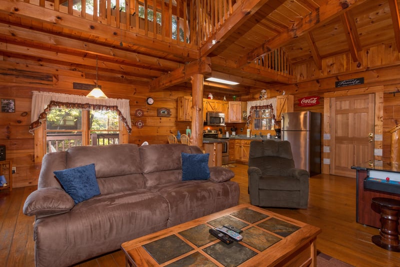 Sofa and chair in the living room at Hawks Nest, a 1 bedroom cabin rental located in Pigeon Forge