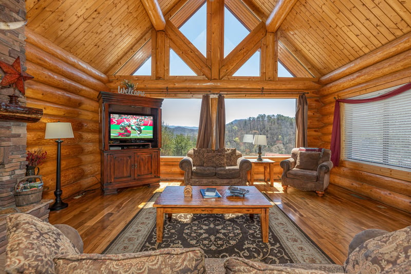 TV and mountain view at Gods Country, a 4 bedroom cabin rental located in Pigeon Forge