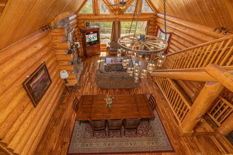 Looking down at the living room at Gods Country, a 4 bedroom cabin rental located in Pigeon Forge