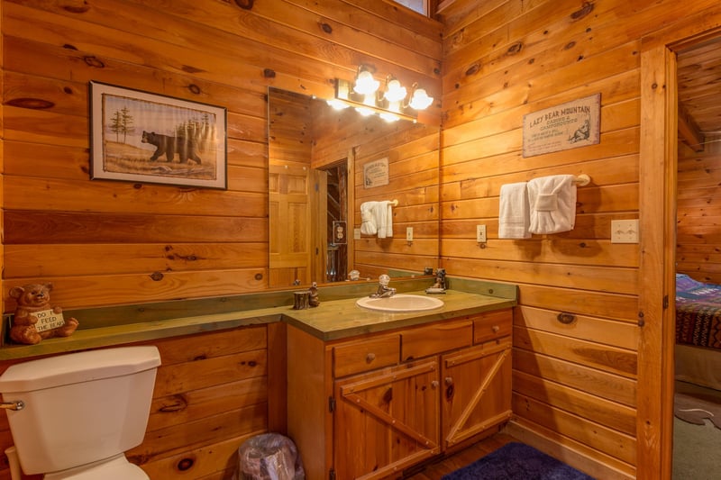 Bathroom on the upper floor at Hawks Nest, a 1 bedroom cabin rental located in Pigeon Forge