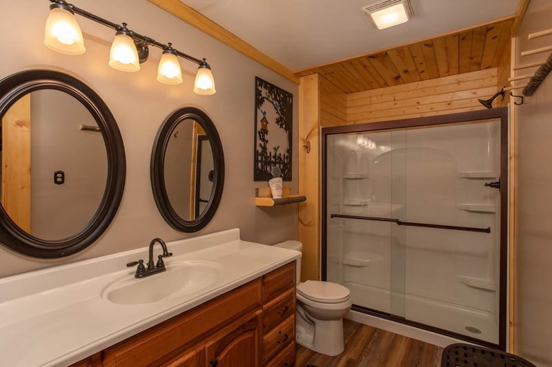 Bathroom with a large shower at I Do Love Views, a 3 bedroom cabin rental located in Pigeon Forge