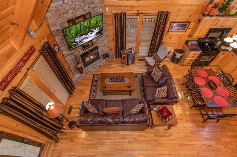 Overhead view of the living room from upstairs at Bears Eye View, a 2bedroom cabin rental located in Pigeon Forge