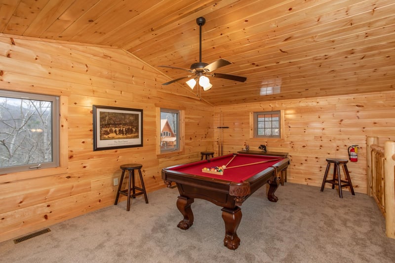 Pool table in the loft at Happy Bears Hideaway, a 2 bedroom cabin rental located in Gatlinburg