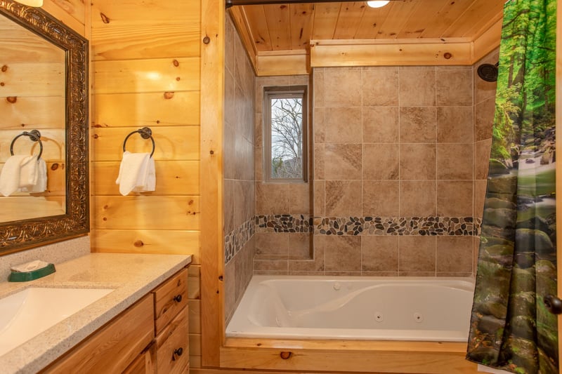 Shower and jacuzzi in a bathroom at Happy Bears Hideaway, a 2 bedroom cabin rental located in Gatlinburg