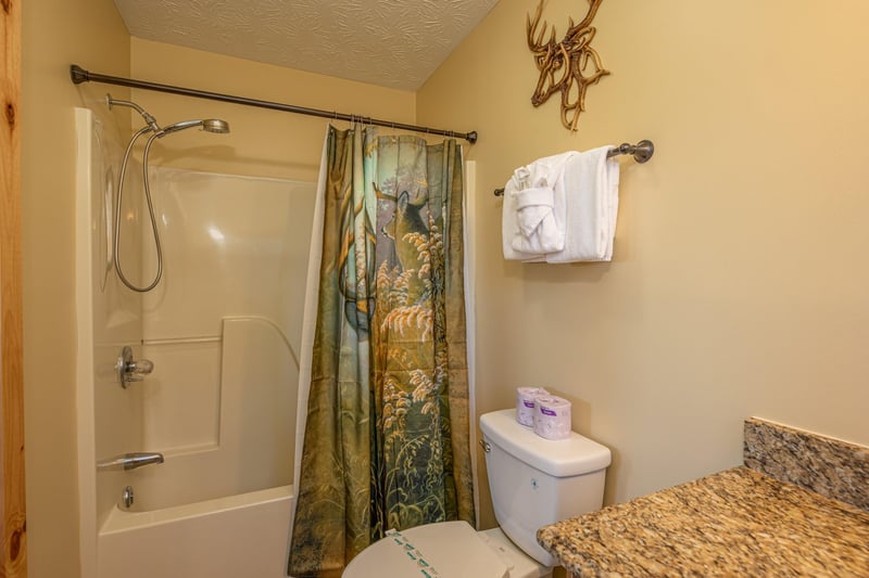 Bathroom with tub and shower at Le Bear Chalet, a 7 bedroom cabin rental located in Gatlinburg