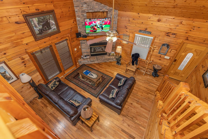 Looking down at the living room at Almost Bearadise, a 4 bedroom cabin rental located in Pigeon Forge