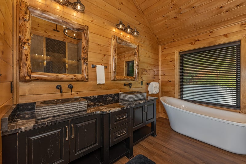 Double vanity in a bathroom at Black Bears  Biscuits Lodge, a 6 bedroom cabin rental located in Pigeon Forge