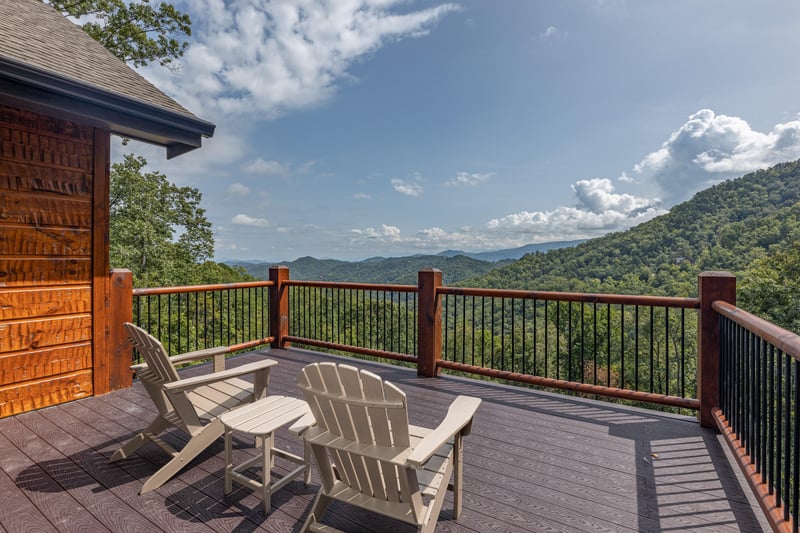 Deck with adirondack chairs at Black Bears  Biscuits Lodge, a 6 bedroom cabin rental located in Pigeon Forge