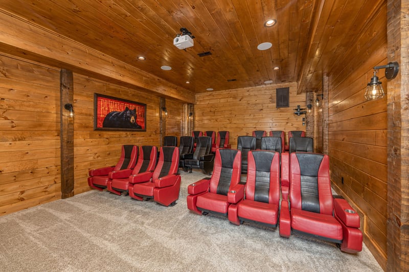 Home theater with seating for 18 at Black Bears  Biscuits Lodge, a 6 bedroom cabin rental located in Pigeon Forge